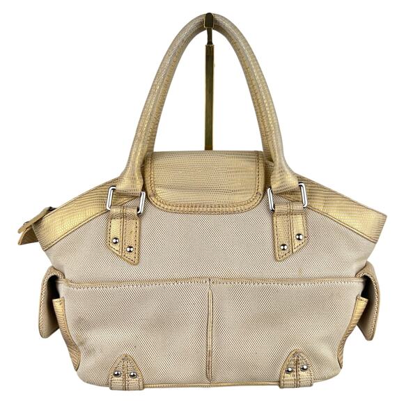 Cole Haan Buckle Canvas Tan and Gold Lizard Skin Embossed Leather Shoulder Bag - Picture 2 of 16
